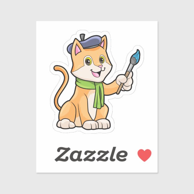 Adesivo Gato como Pintor com Pincel & Cachecol (Folha)