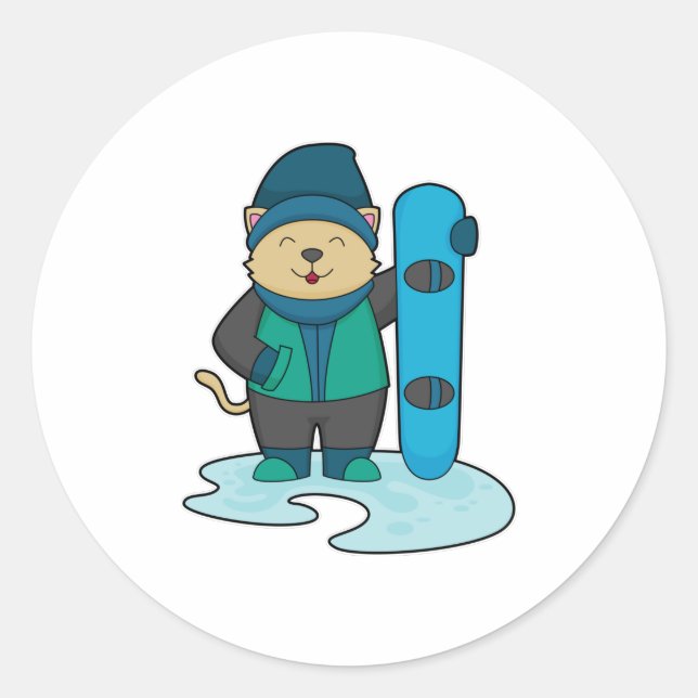 Adesivo Gato como Snowboarder com Snowboard (Frente)