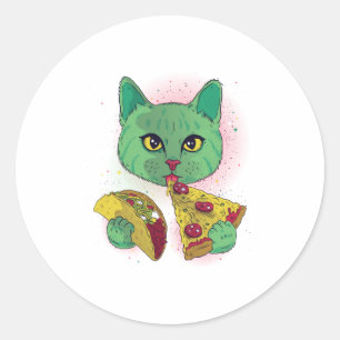 Adesivo Gato Cósmico Comendo Pizza e Taco