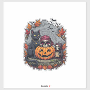 Adesivo Gato de Abóbora de Halloween Crânio Ceifador Outon
