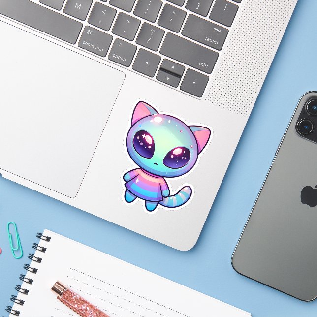 Adesivo Gato de Alienígena Kawaii com Olhos Galácticos e S (Notebook com iPhone)