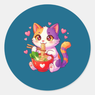 Adesivo Gato de Anime Comendo Macarrão Ramen Com Corações 