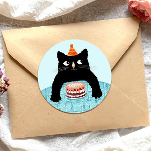 Adesivo Gato de aniversário com bolo de aniversário e chap