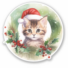 Adesivo Gato De Aquarela Com Holly Berry Wreath