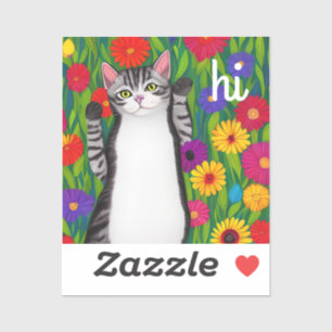 Adesivo Gato de Arte Popular Fofo dizendo Olá entre Flores