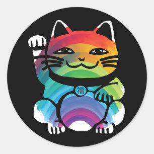 Adesivo Gato de Boa Sorte Japonês com Arco-Íris