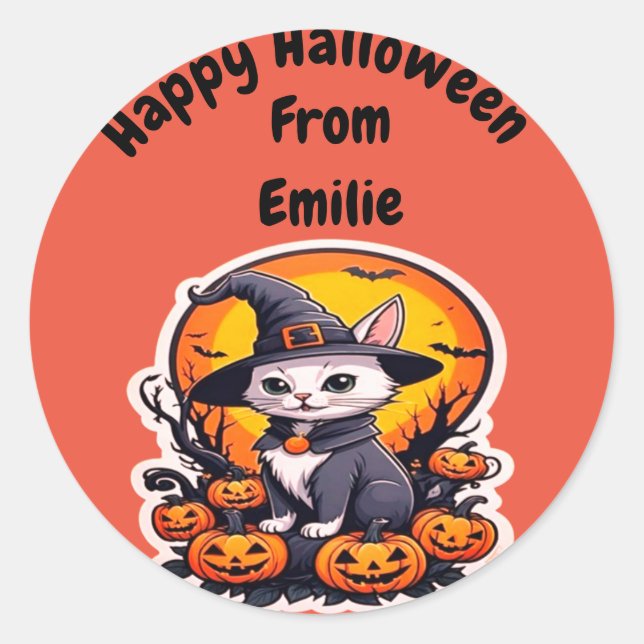 Adesivo Gato de bruxa bonito com abóbora (Frente)
