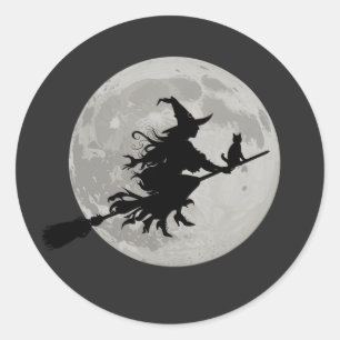 Adesivo Gato de Bruxa do Halloween voando em uma lua cheia