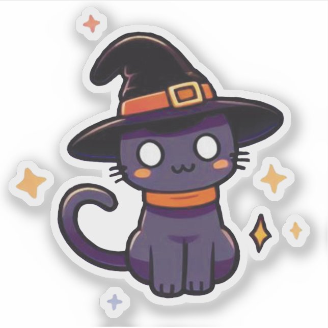 Adesivo Gato de Bruxas Roxas Bonitas - Kawaii Halloween Ki (Frente)