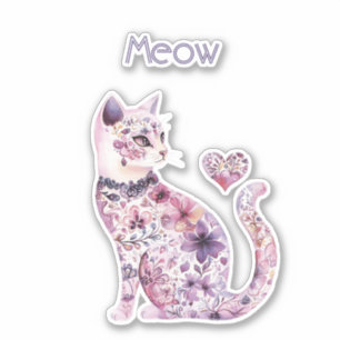 Adesivo Gato de Coração Floral Rosa Roxo  