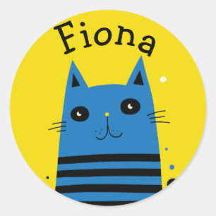 Adesivo Gato de Desenho Animado Azul e Amarelo Personaliza
