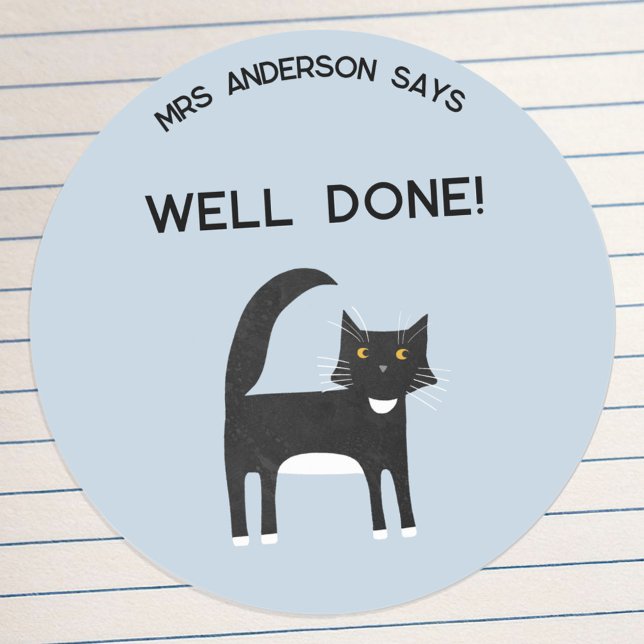 Adesivo Gato de Encorajamento do Nome do Professor (Fun black and white tuxedo cat personalized teacher encouragement school class well done stickers)