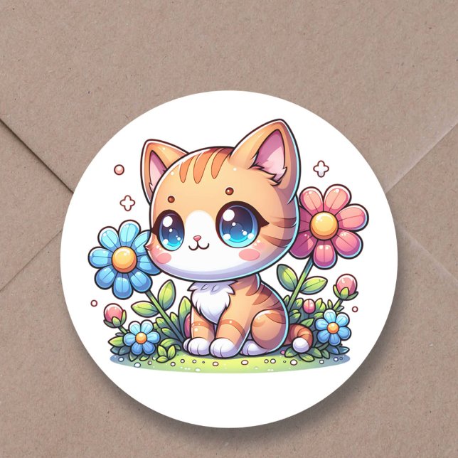 Adesivo Gato de Gatinho Laranja Chibi-Cugado em Flores Ros (Criador carregado)