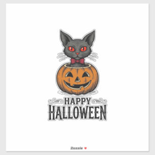 Adesivo Gato de Halloween Abóbora Fofo Vintage Assustador_