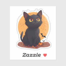 Adesivo Gato de Halloween na frente da Lua com Jack-o-Lant