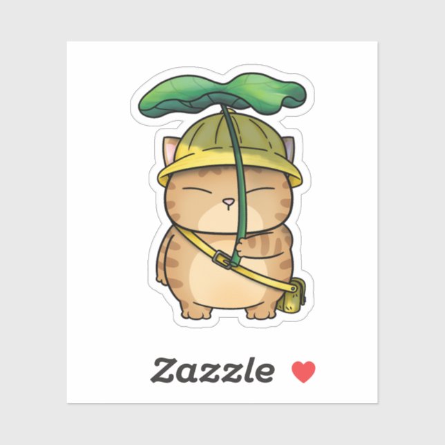 Adesivo Gato de Laranja Gordo com Guarda-chuvas Folha (Folha)