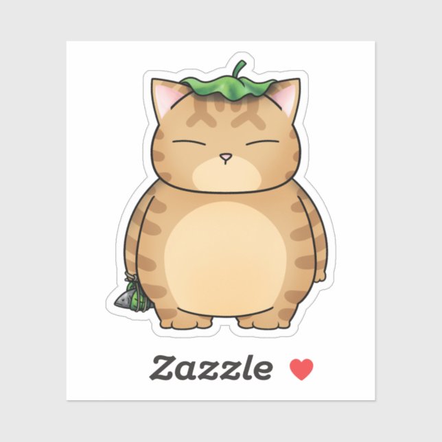 Adesivo Gato de Laranja Gordo com Guarda-chuvas Folha (Folha)