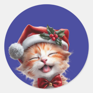 Adesivo Gato de Natal bonito com Chapéu Santa e Arco