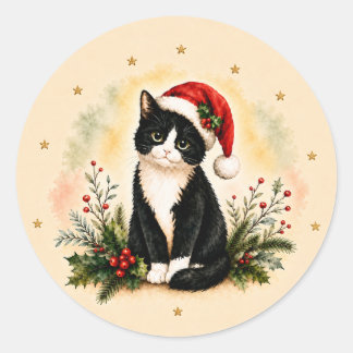 Adesivo Gato de Natal de Smoking com Chapéu de Papai Noel
