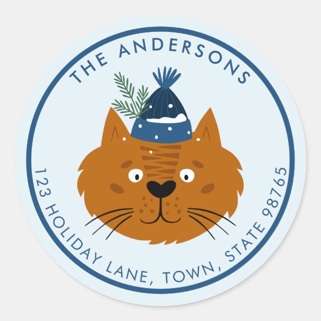 Adesivo Gato de Natal giro em Knit Azul Personalizável (Frente)