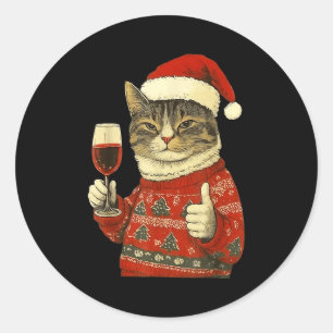Adesivo Gato de Natal Gosta de Gato Fofo Bebendo Vinho Com