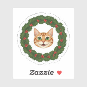 Adesivo Gato de Natal Sorridente com Grinalda de Azevinho