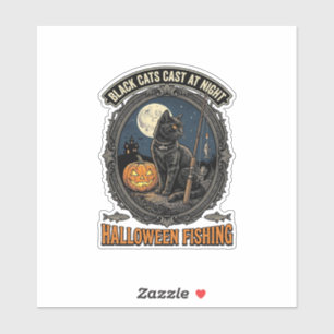 Adesivo Gato de Pesca de Halloween Design de Abóbora Vinta