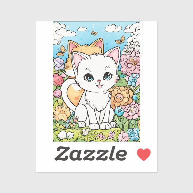 Adesivo Gato de trigo e raposa em prado floral (Folha)