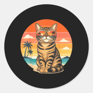 Adesivo Gato de Verão Retrô Pôr do Sol na Praia Férias Vin