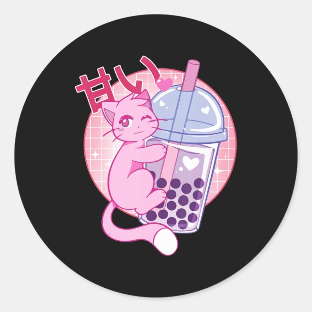 Adesivo Gato Divertido Boba Tea Bubble Tea Anime Kawaii Gi (Frente)