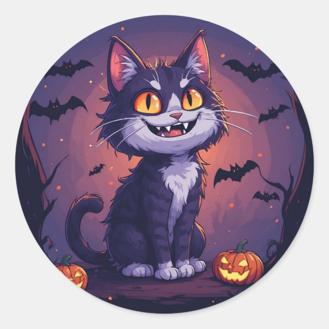 Adesivo Gato Divertido de Halloween com Abóboras e Morcego (Frente)