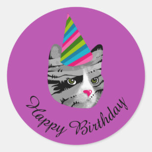 Adesivo Gato do feliz aniversario no chapéu do partido