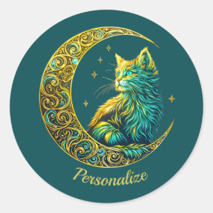 Adesivo Gato Dourado Místico no Luar Celestial Verde