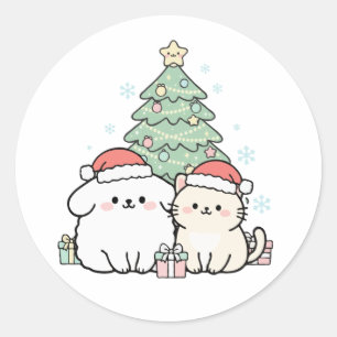 Adesivo Gato e Cachorro de Natal Fofos Kawaii Festa de Fim