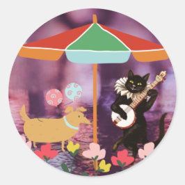 Adesivo Gato e Cachorro Festivo sob um Guarda-chuva
