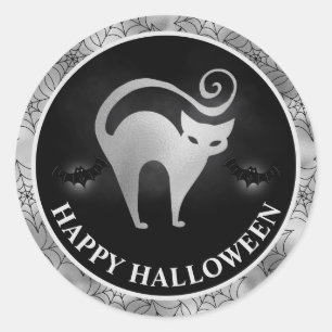 Adesivo Gato e Morcegos Prata & Preto Feliz Halloween
