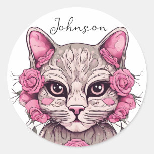 Adesivo Gato e Rosas Rosa Pintadas Envelope Selo Floral