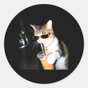 Adesivo Gato Engraçado Bebendo Café Gelado Humor Meme Gati