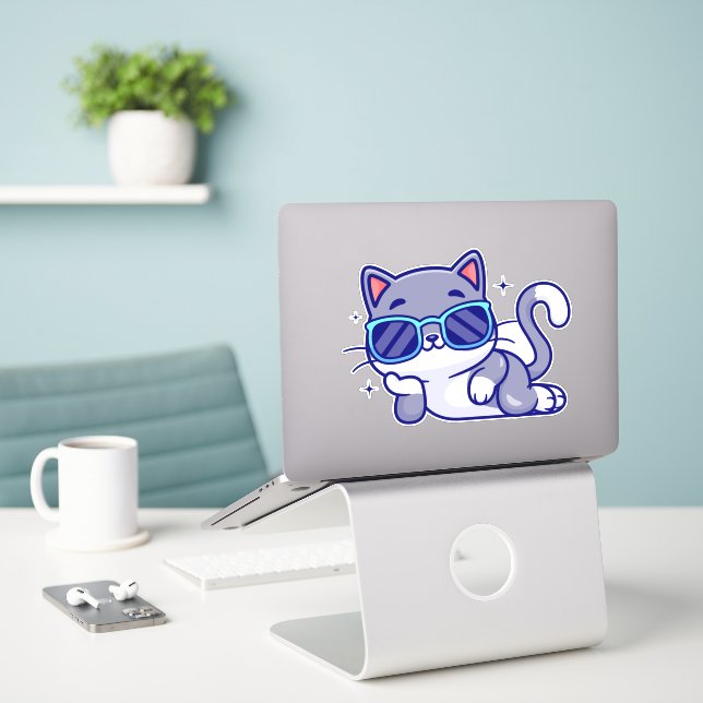 Adesivo gato engraçado bonito (Laptop na mesa)