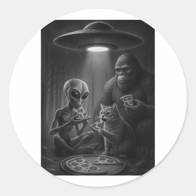 Adesivo Gato Engraçado Com Alienígena E Pizza De Comida De (Frente)