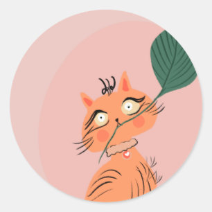Adesivo Gato Engraçado Folha de Planta Cartoon