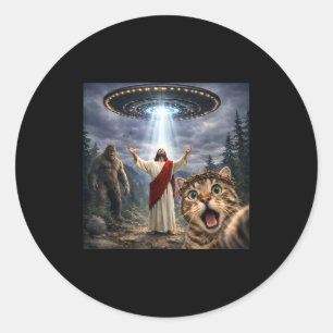 Adesivo Gato engraçado selfie com pé grande ufo e jesus pá