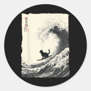 Adesivo Gato Engraçado Surfando A Grande Onda Japonês Ukiy