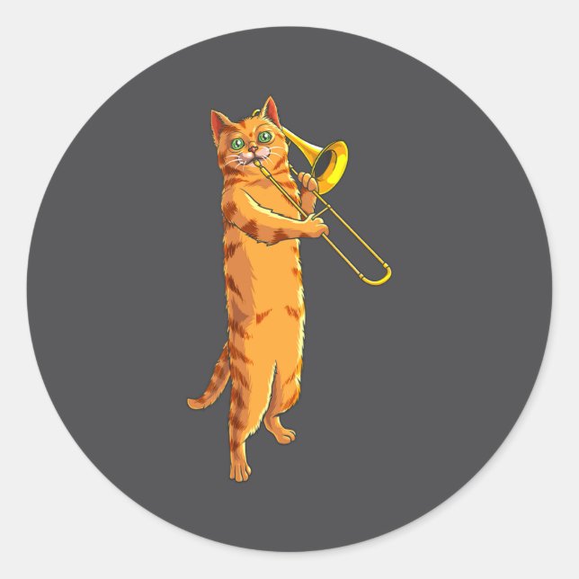 Adesivo Gato Engraçado Tocando Trombone Presente Gatinho L (Frente)