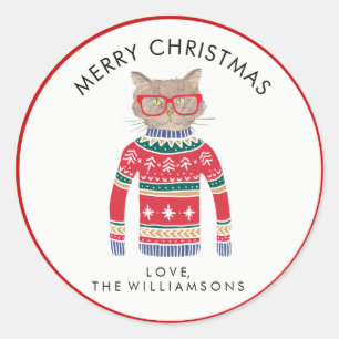 Adesivo Gato Engraçado Vestindo Suéter de Natal Feio
