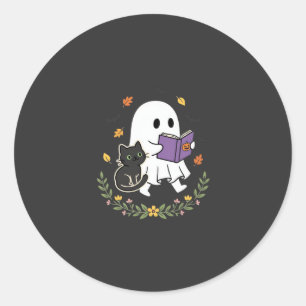 Adesivo Gato Fantasma de Halloween Lendo Livro Floral Desi