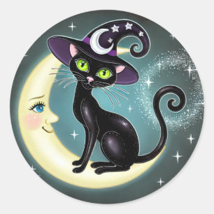 Adesivo Gato Feiticeira na Lua Crescente Halloween Wiccan 