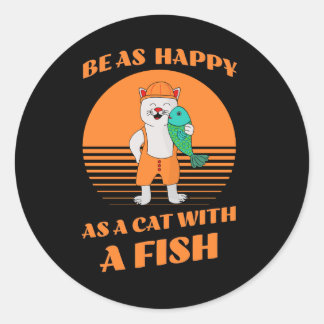 Adesivo Gato feliz engraçado segurando um peixe. Funny Fel