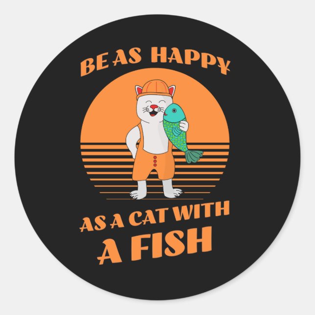 Adesivo Gato feliz engraçado segurando um peixe. Funny Fel (Frente)