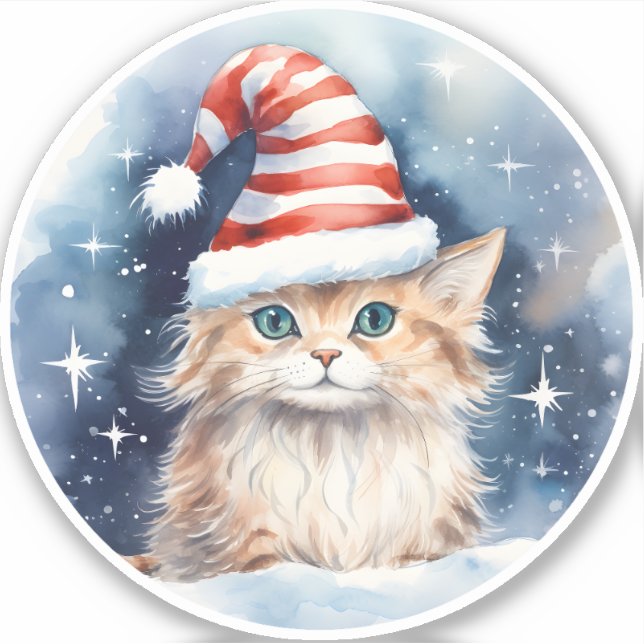 Adesivo Gato Fluffy de inverno em Red & White Strike Santa (Frente)